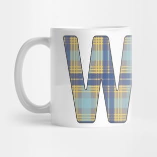 Monogram Letter W, Blue, Yellow and Grey Scottish Tartan Style Typography Design Mug